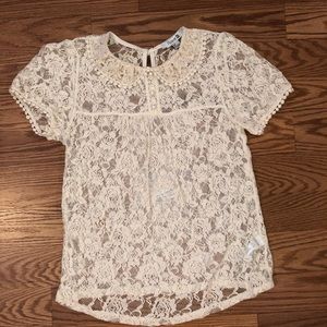 Forever 21 cream lace baby doll top with pearl embellishments, size Small